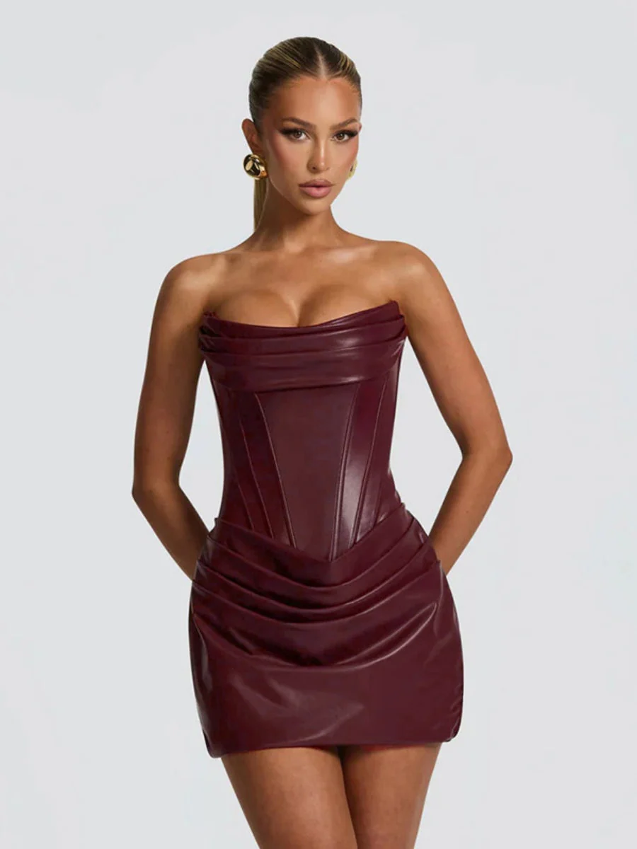 PU Pleated Fishbone Strapless A-line Bustier Mini&Short Dresses - Image 10