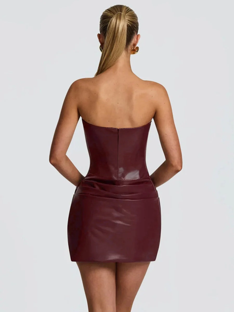 PU Pleated Fishbone Strapless A-line Bustier Mini&Short Dresses - Image 11