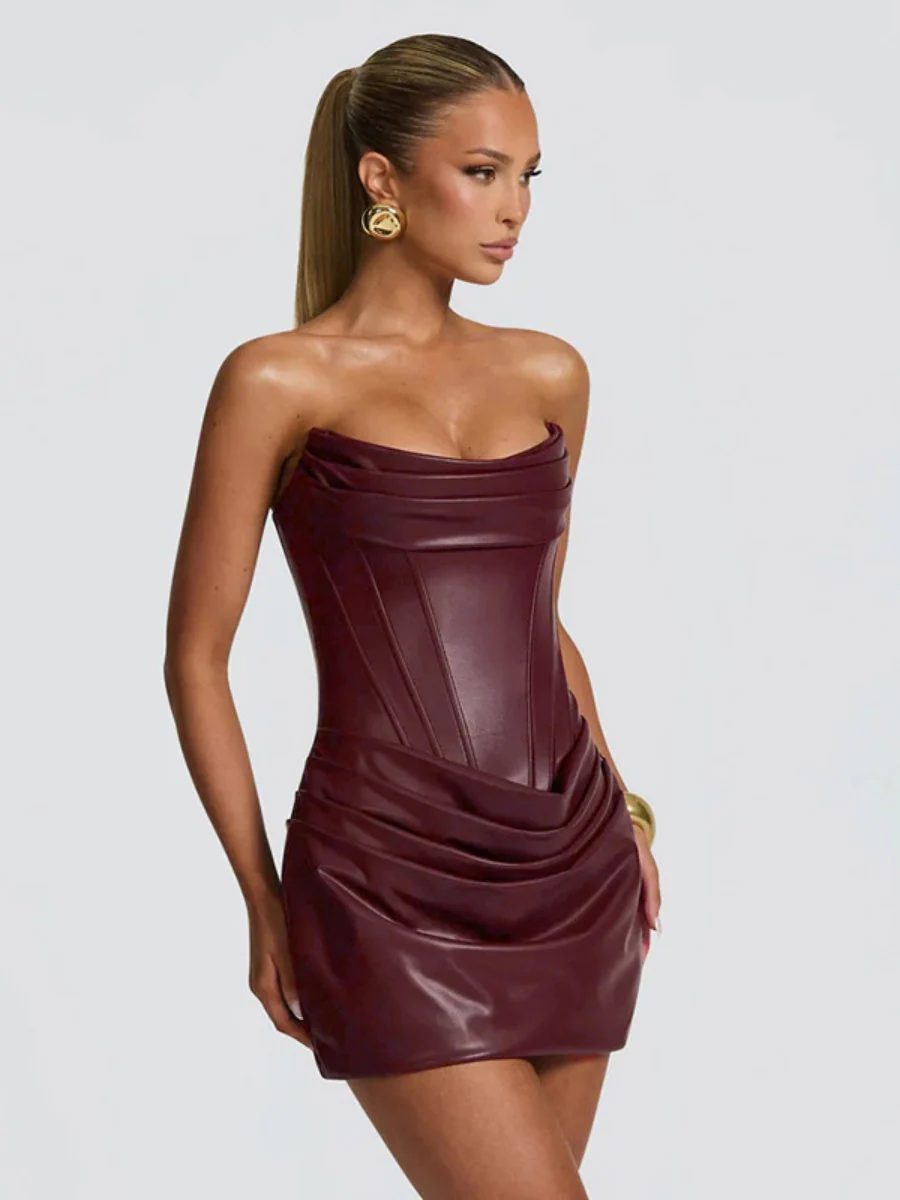 PU Pleated Fishbone Strapless A-line Bustier Mini&Short Dresses - Image 12