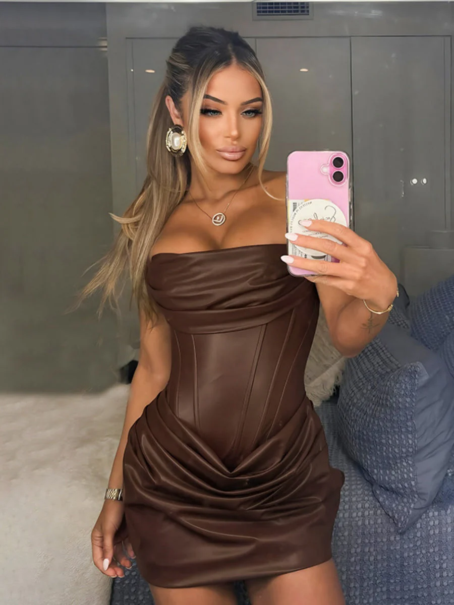 PU Pleated Fishbone Strapless A-line Bustier Mini&Short Dresses - Image 19