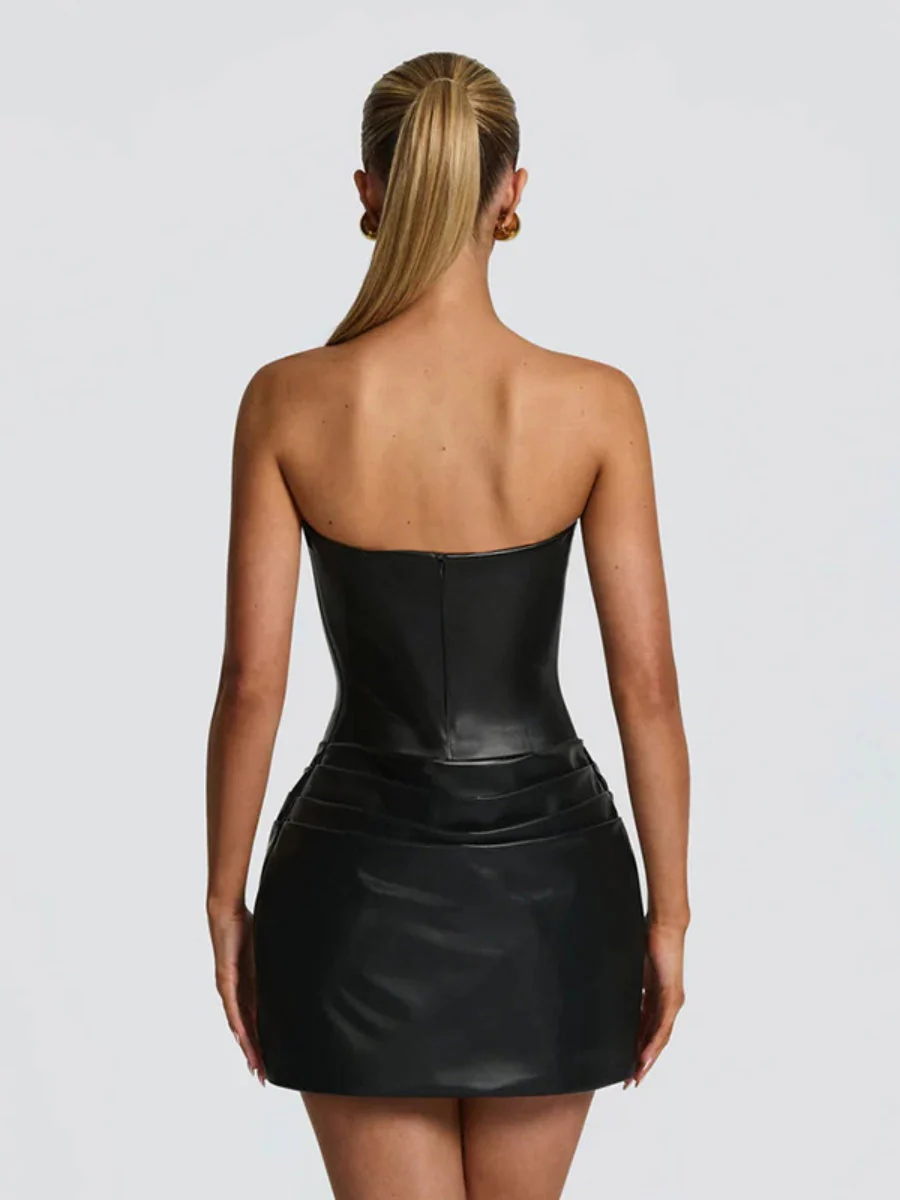 PU Pleated Fishbone Strapless A-line Bustier Mini&Short Dresses - Image 2