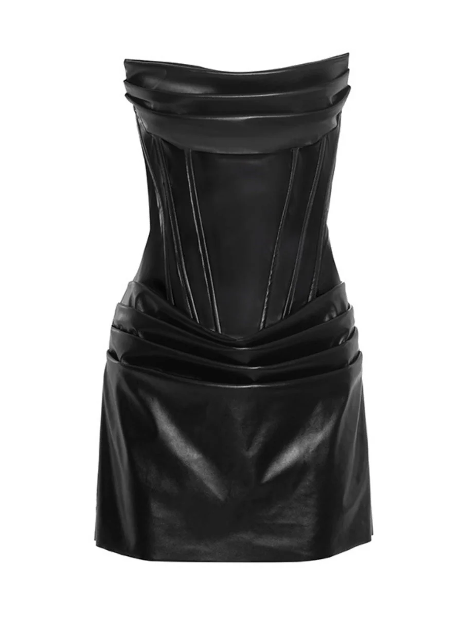 PU Pleated Fishbone Strapless A-line Bustier Mini&Short Dresses - Image 7