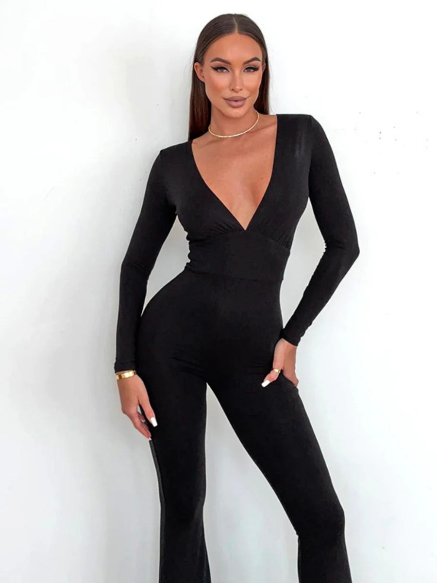 Slim-fit Deep V-neck Long-sleeved Flared Jumpsuit - Image 6