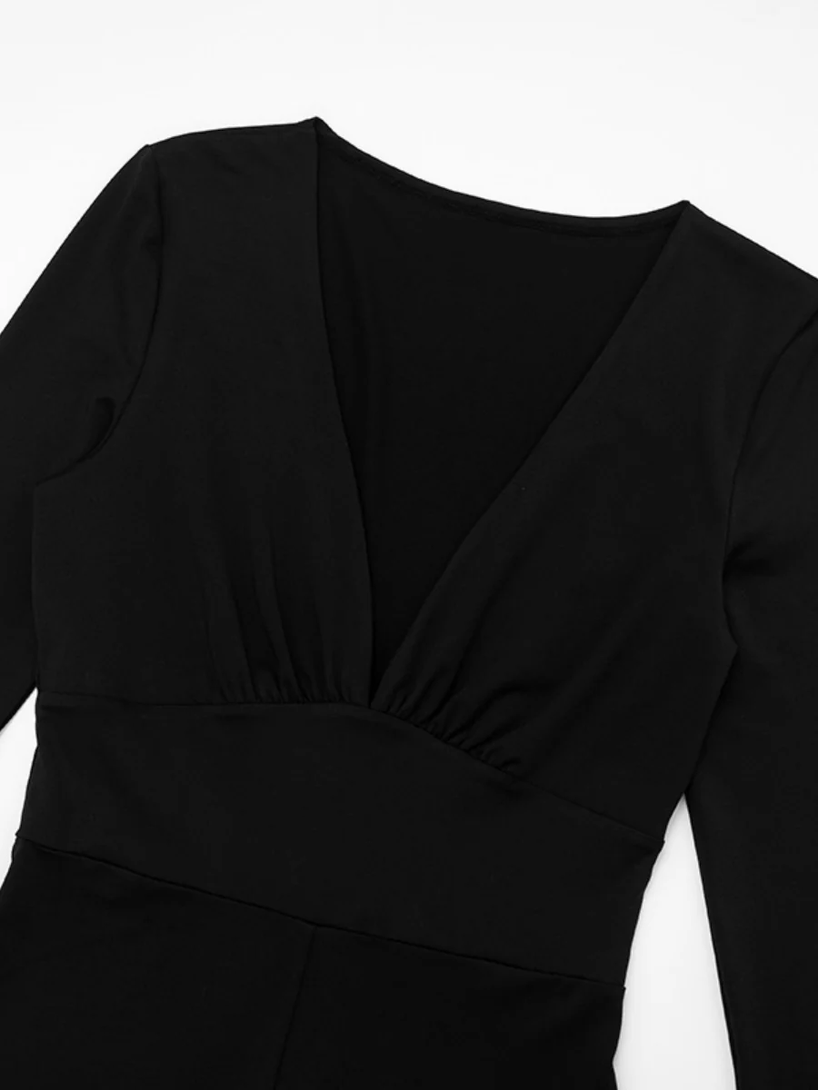 Slim-fit Deep V-neck Long-sleeved Flared Jumpsuit - Image 7