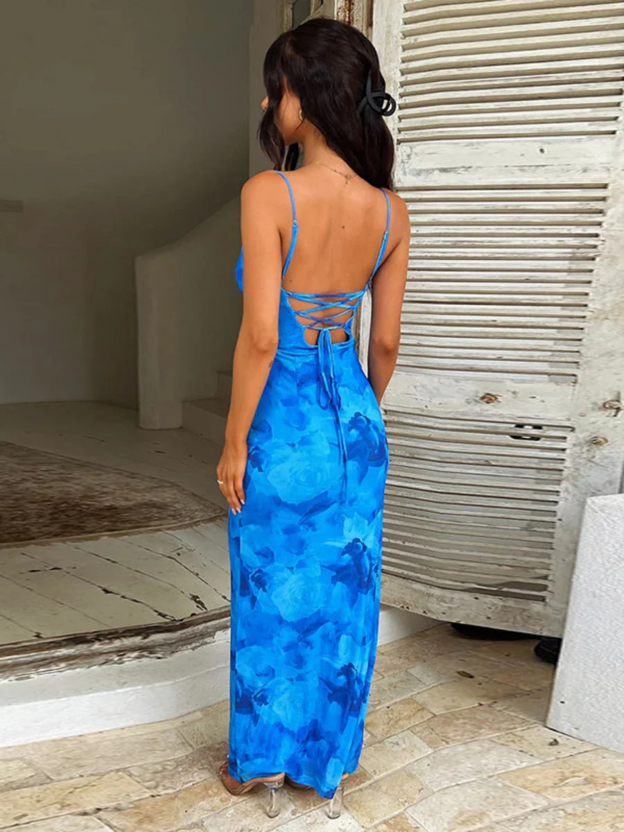 Flowers Printed Waist-cinching And Hip-hugging Swing Collar Camisoles Maxi Dresses - Image 6