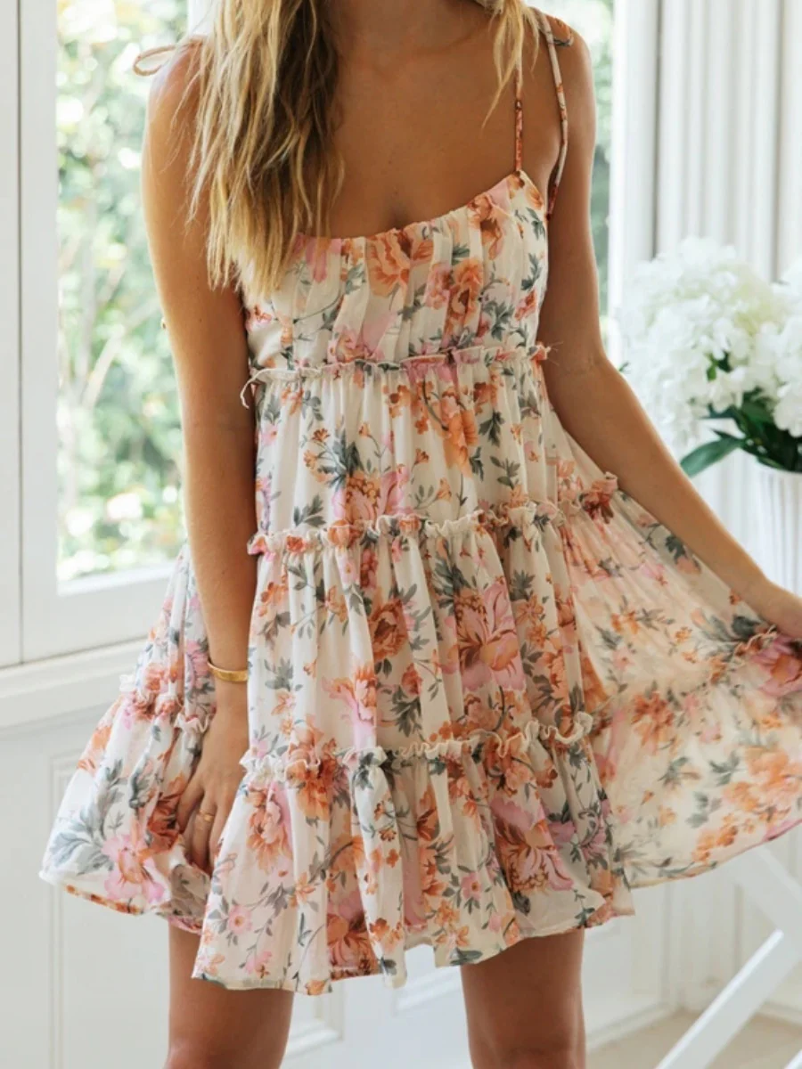 Resort-style Floral Print Multi-layered Ruffled Short Sundress - Image 9