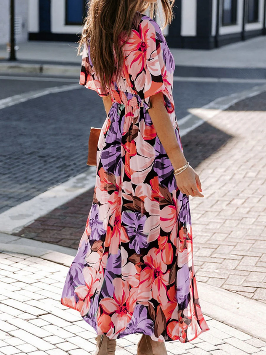 V-neck Short-sleeved Floral Print High-slit Long Dress - Image 10