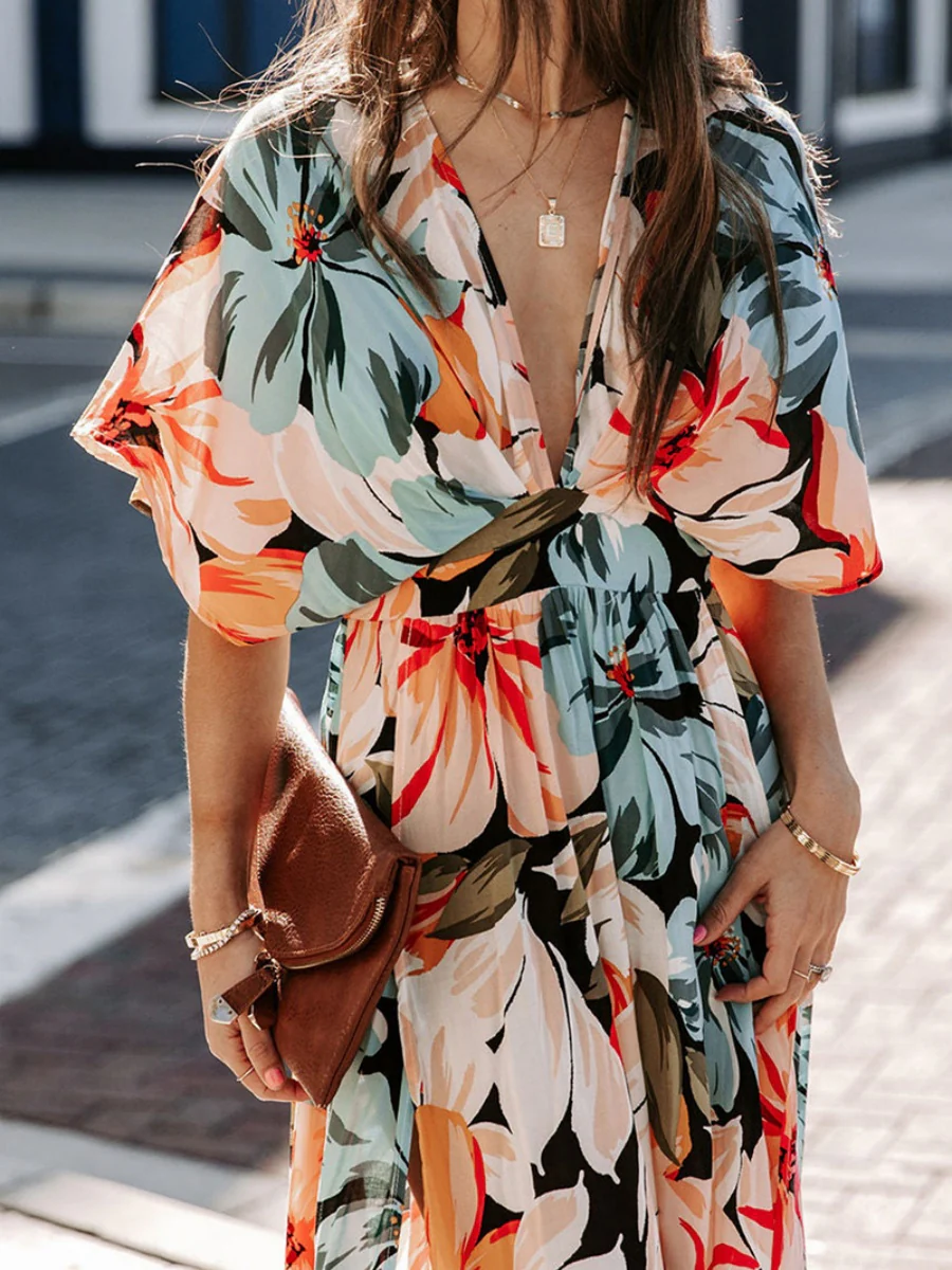 V-neck Short-sleeved Floral Print High-slit Long Dress - Image 3