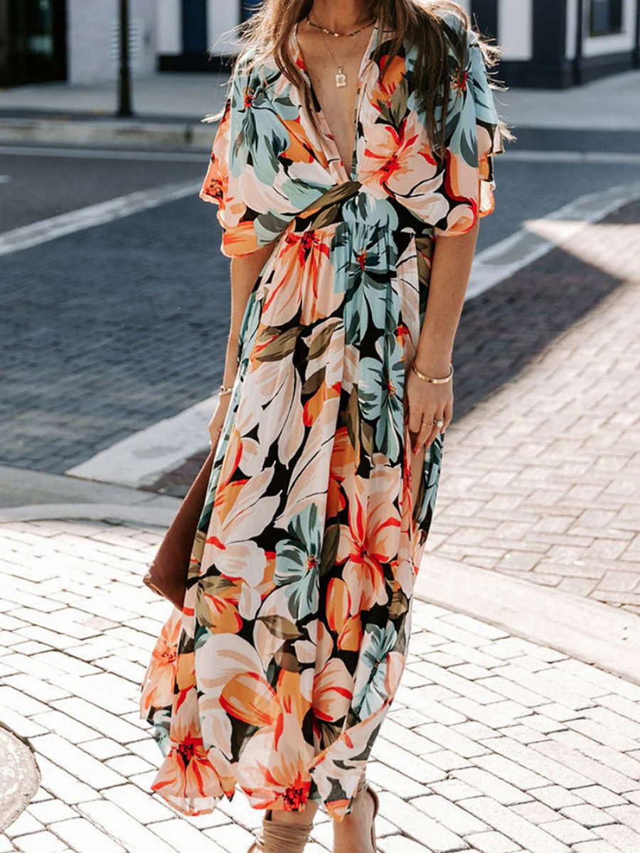 V-neck Short-sleeved Floral Print High-slit Long Dress - Image 4