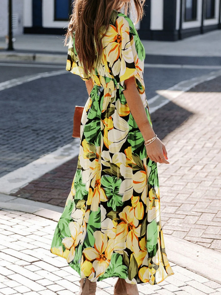 V-neck Short-sleeved Floral Print High-slit Long Dress - Image 8