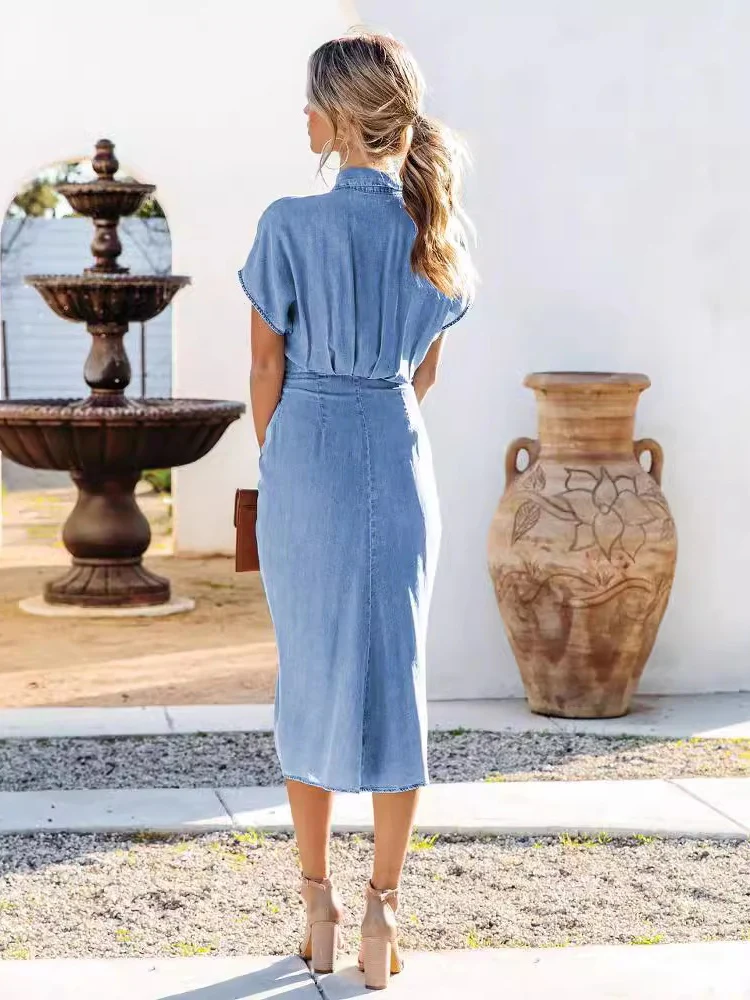 Shirt Collar, Slit, Pleated, Slim-fitting, Midi-length Dress - Image 2