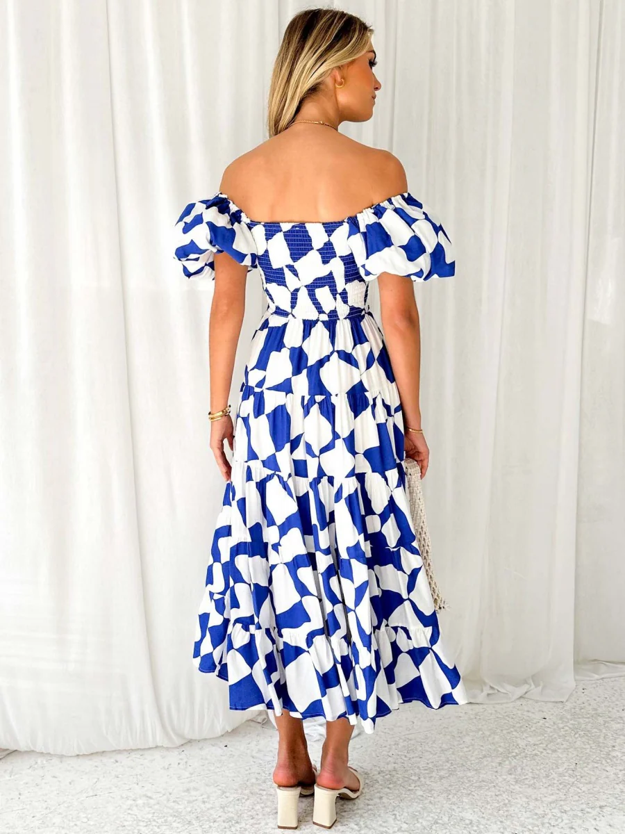 Off-the-shoulder Geometric Color-blocked Print Tulle Skirt With Puff Sleeves Long Dress - Image 2