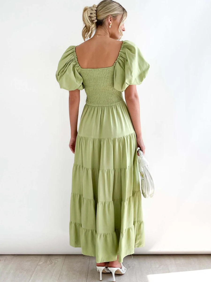 Off-the-shoulder Geometric Color-blocked Print Tulle Skirt With Puff Sleeves Long Dress - Image 20