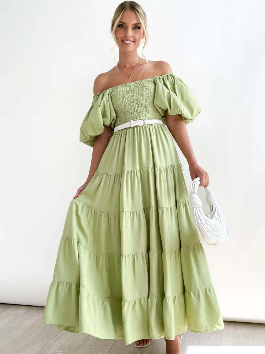 Off-the-shoulder Geometric Color-blocked Print Tulle Skirt With Puff Sleeves Long Dress - Image 21