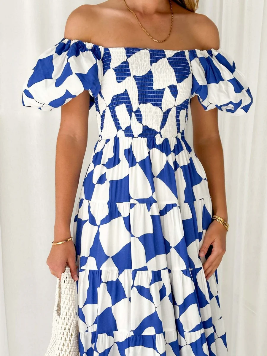 Off-the-shoulder Geometric Color-blocked Print Tulle Skirt With Puff Sleeves Long Dress - Image 3