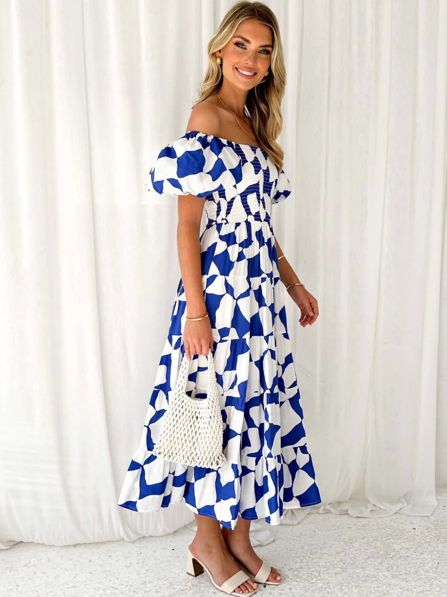 Off-the-shoulder Geometric Color-blocked Print Tulle Skirt With Puff Sleeves Long Dress - Image 4