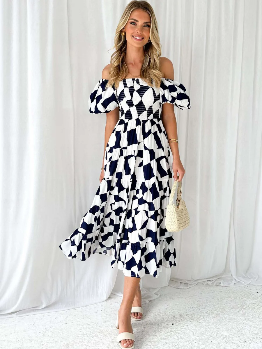 Off-the-shoulder Geometric Color-blocked Print Tulle Skirt With Puff Sleeves Long Dress - Image 5