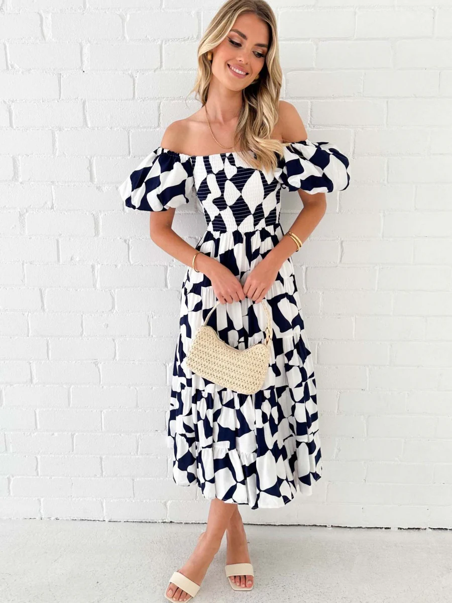 Off-the-shoulder Geometric Color-blocked Print Tulle Skirt With Puff Sleeves Long Dress - Image 6