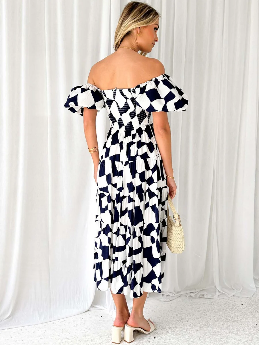 Off-the-shoulder Geometric Color-blocked Print Tulle Skirt With Puff Sleeves Long Dress - Image 8