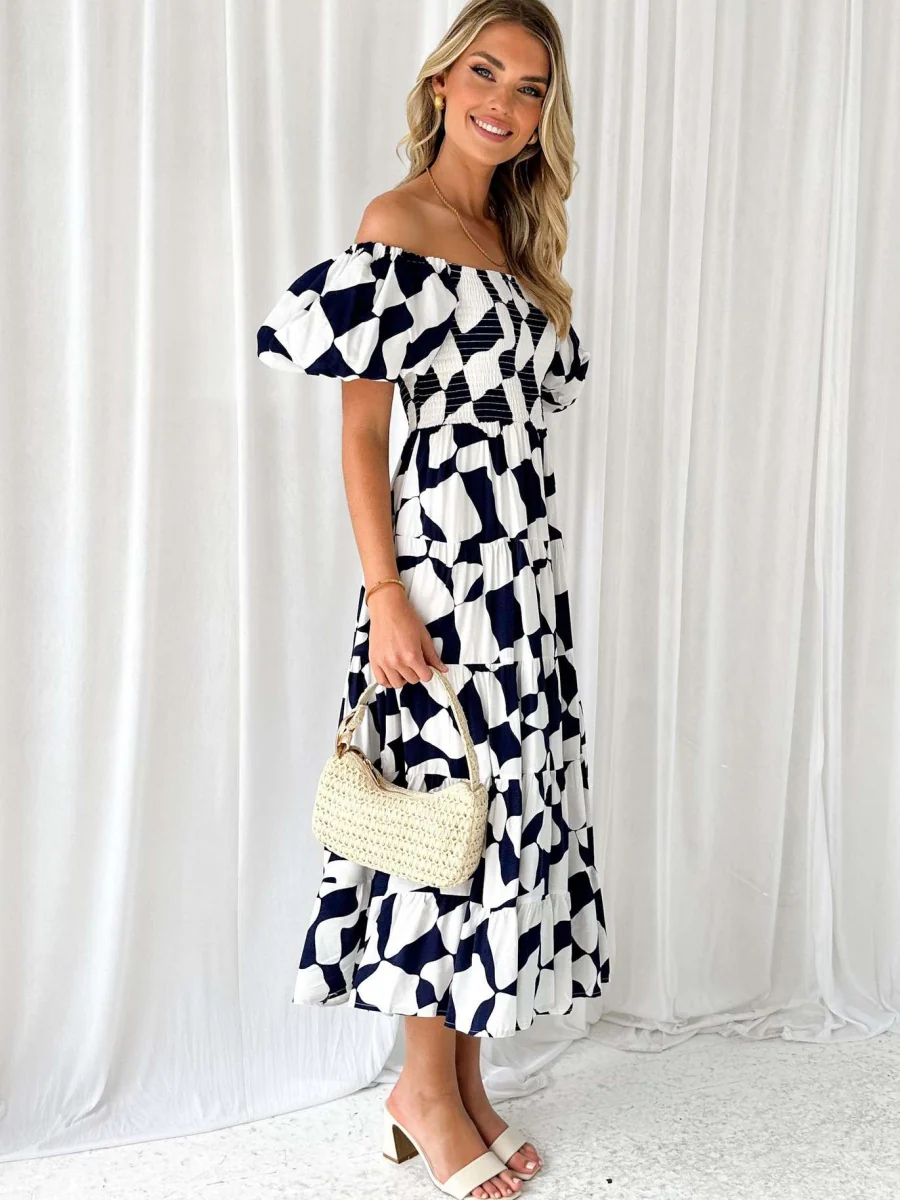 Off-the-shoulder Geometric Color-blocked Print Tulle Skirt With Puff Sleeves Long Dress - Image 9