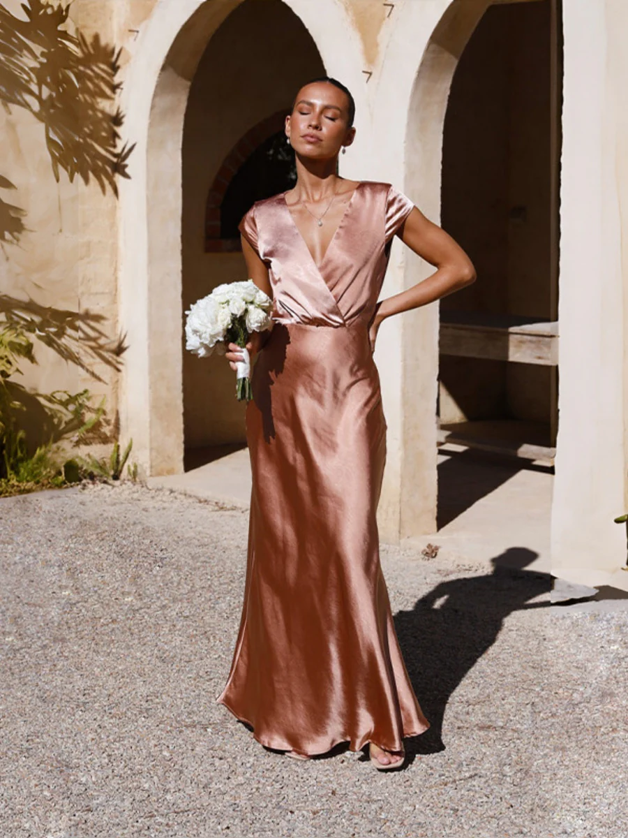 Satin V-neck Sexy Fishtail Maxi Dress - Image 3
