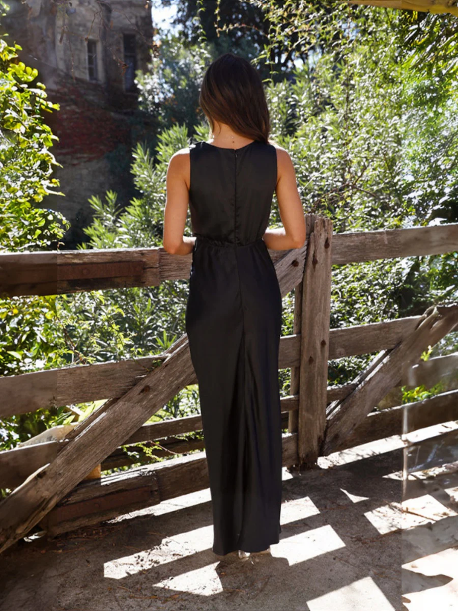 Satin Deep V Sleeveless Backless Long Dress - Image 17
