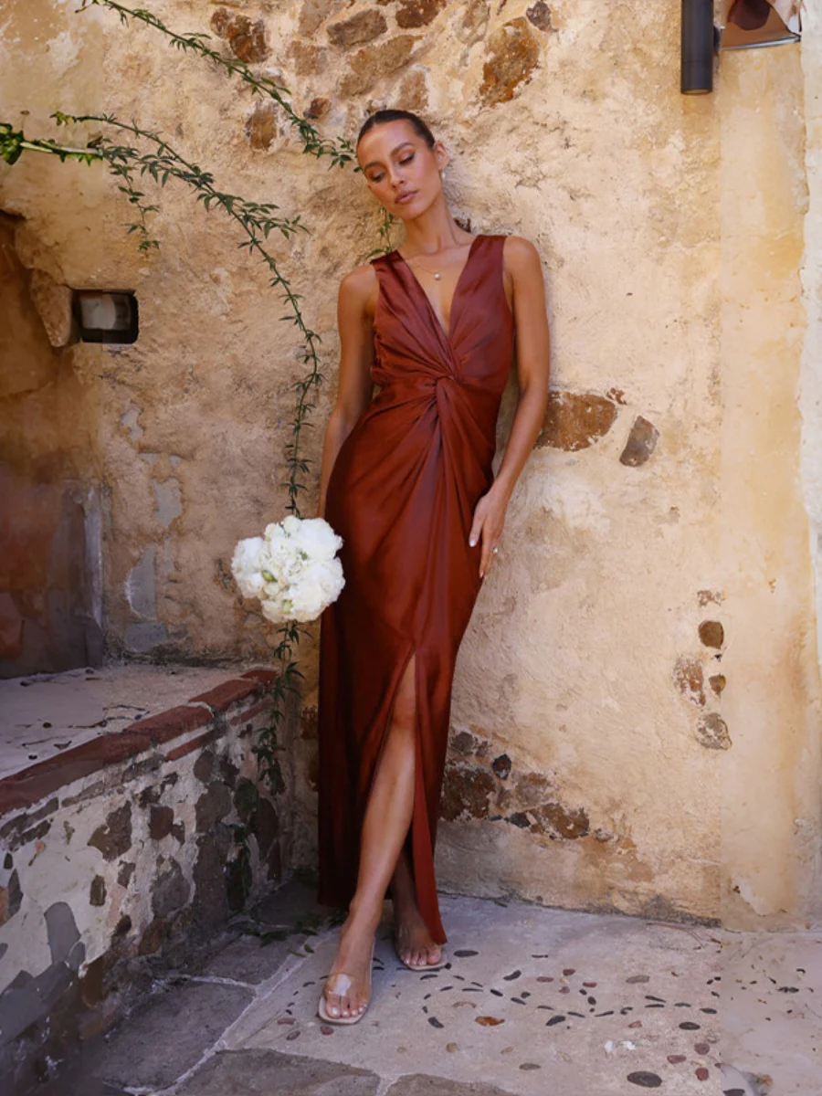 Satin Deep V Sleeveless Backless Long Dress - Image 21