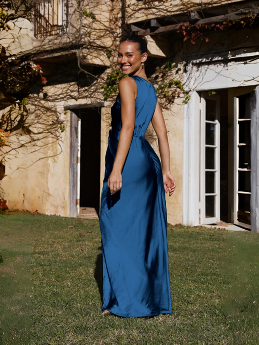 Satin Deep V Sleeveless Backless Long Dress - Image 4