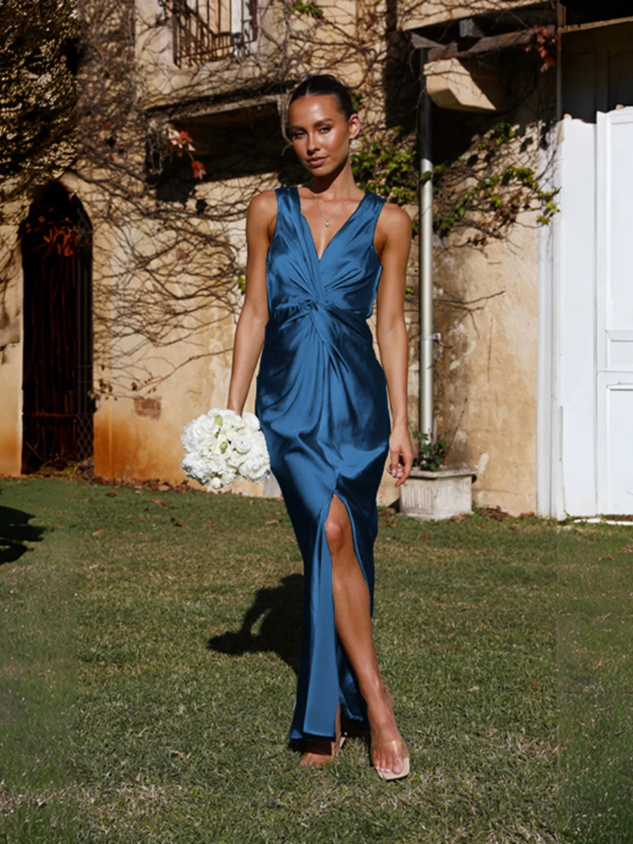 Satin Deep V Sleeveless Backless Long Dress - Image 6