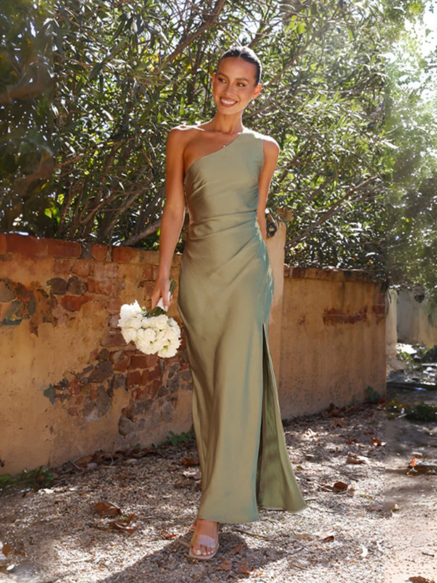 Satin Off-shoulder Pleated Waist Long Dress - Image 19