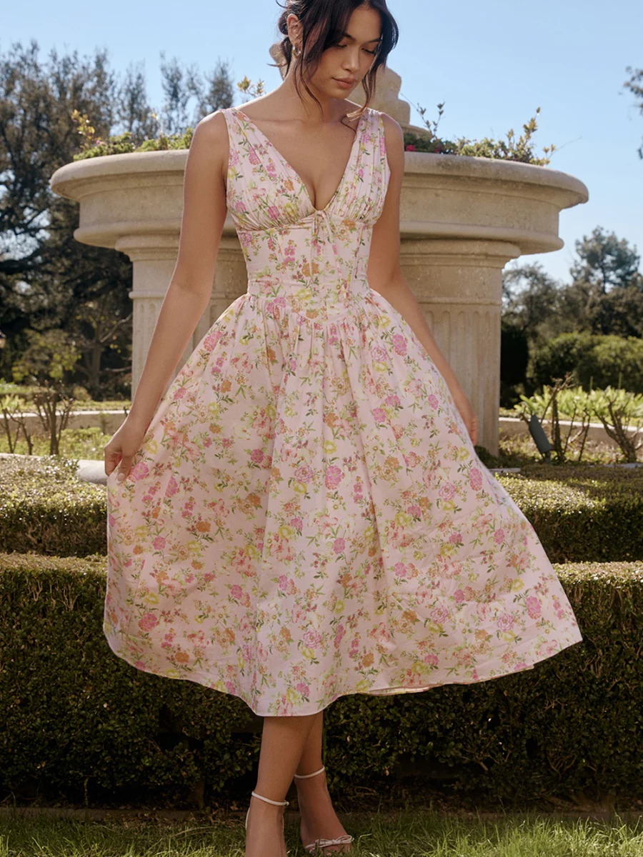 Resort-style Floral Print V-neck Spaghetti Strap Maxi Dress - Image 2