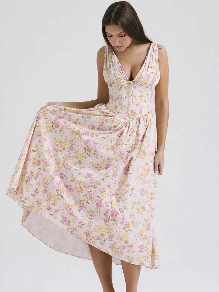 Resort-style Floral Print V-neck Spaghetti Strap Maxi Dress - Image 7
