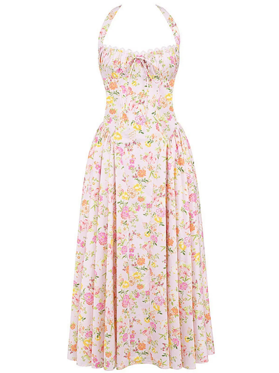 Lace Trim Floral Print Vacation Style Long Dress - Image 11