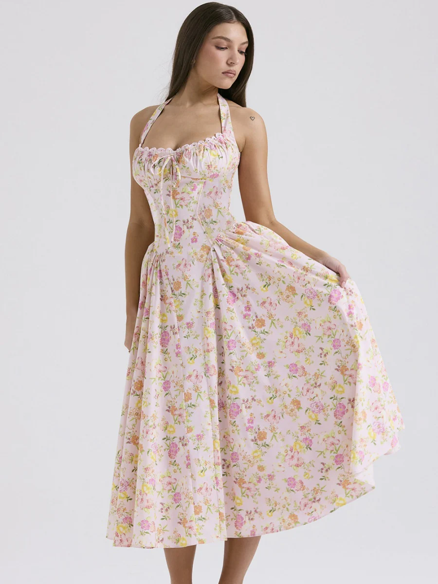 Lace Trim Floral Print Vacation Style Long Dress - Image 7