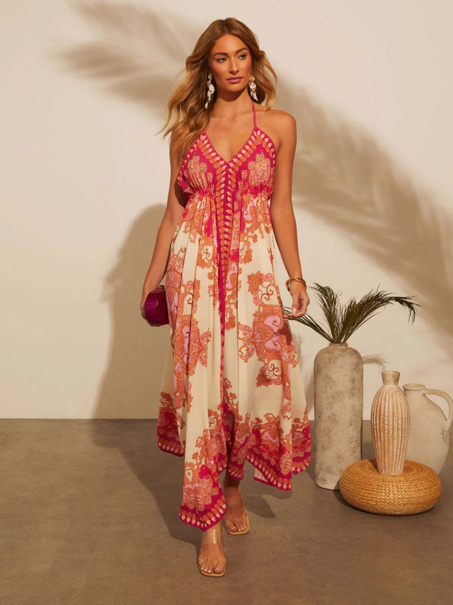 Ethnic-style Printed Off-shoulder V-neck Spaghetti Strap Long Dress - Image 7