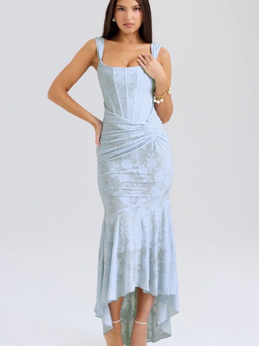 Floral Jacquard Fabric Boning Fishtail Maxi Dress