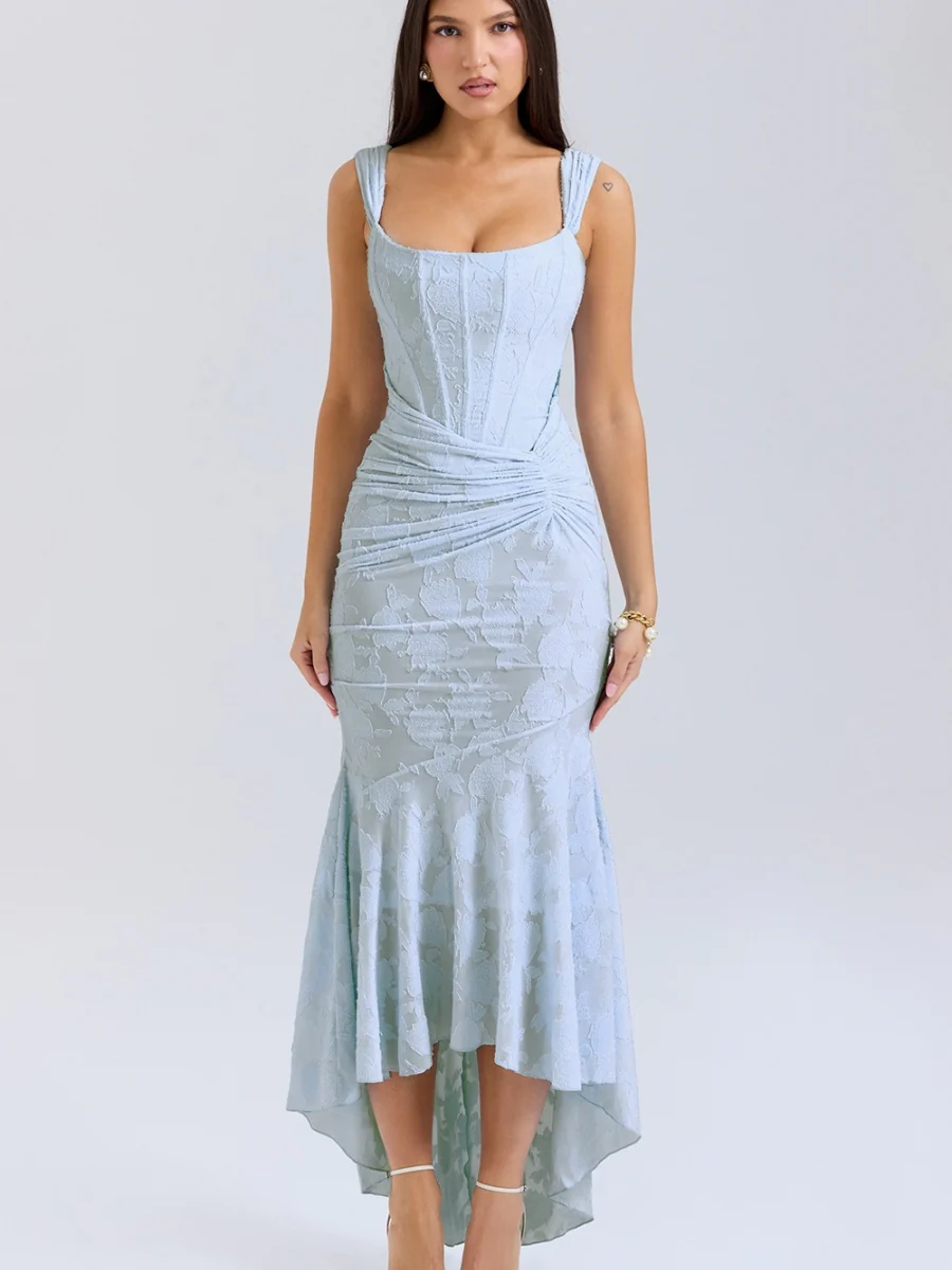 Floral Jacquard Fabric Boning Fishtail Maxi Dress - Image 2