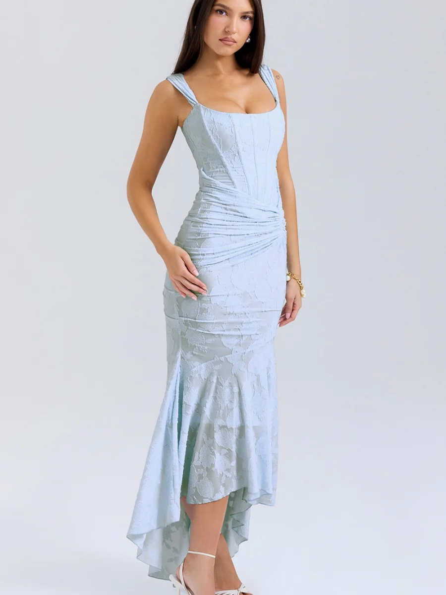 Floral Jacquard Fabric Boning Fishtail Maxi Dress - Image 4