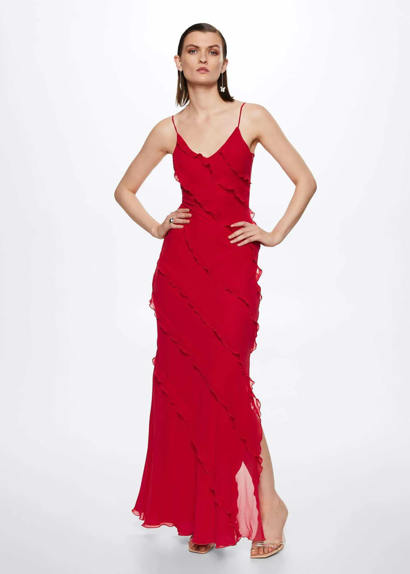 V-neck Ruffle Slit Maxi Dresses - Image 2