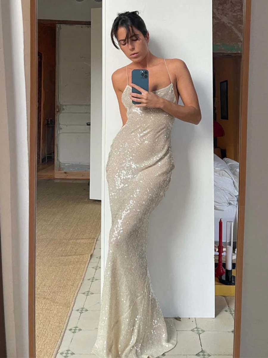 Backless Camisoles Sequins Slim-fit Banquet Maxi Dresses - Image 3