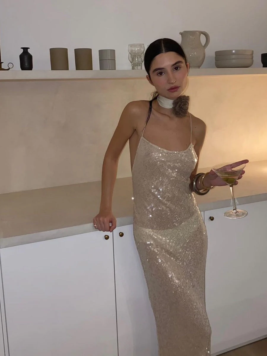 Backless Camisoles Sequins Slim-fit Banquet Maxi Dresses - Image 9