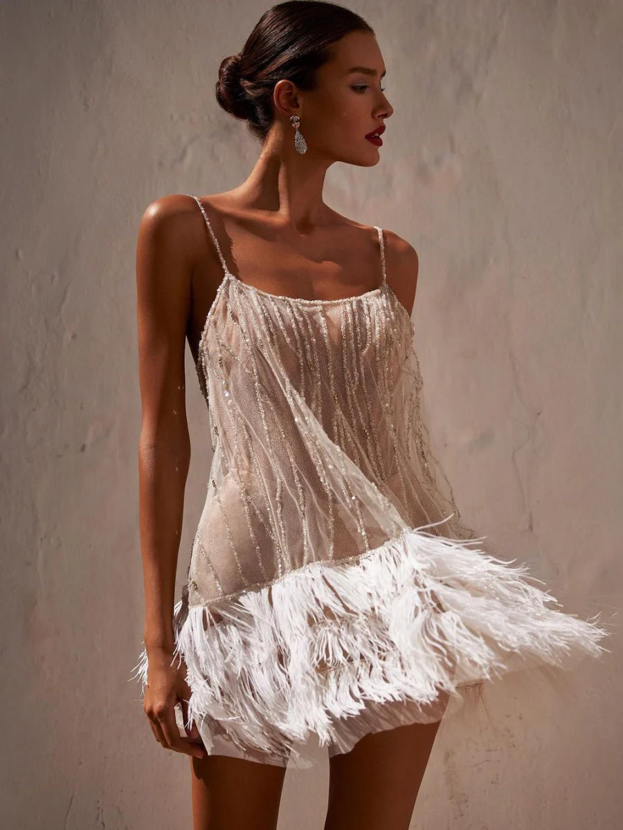 Feather Tassel Sequins Mesh Diamond Parties Mini&Short Dresses - Image 3