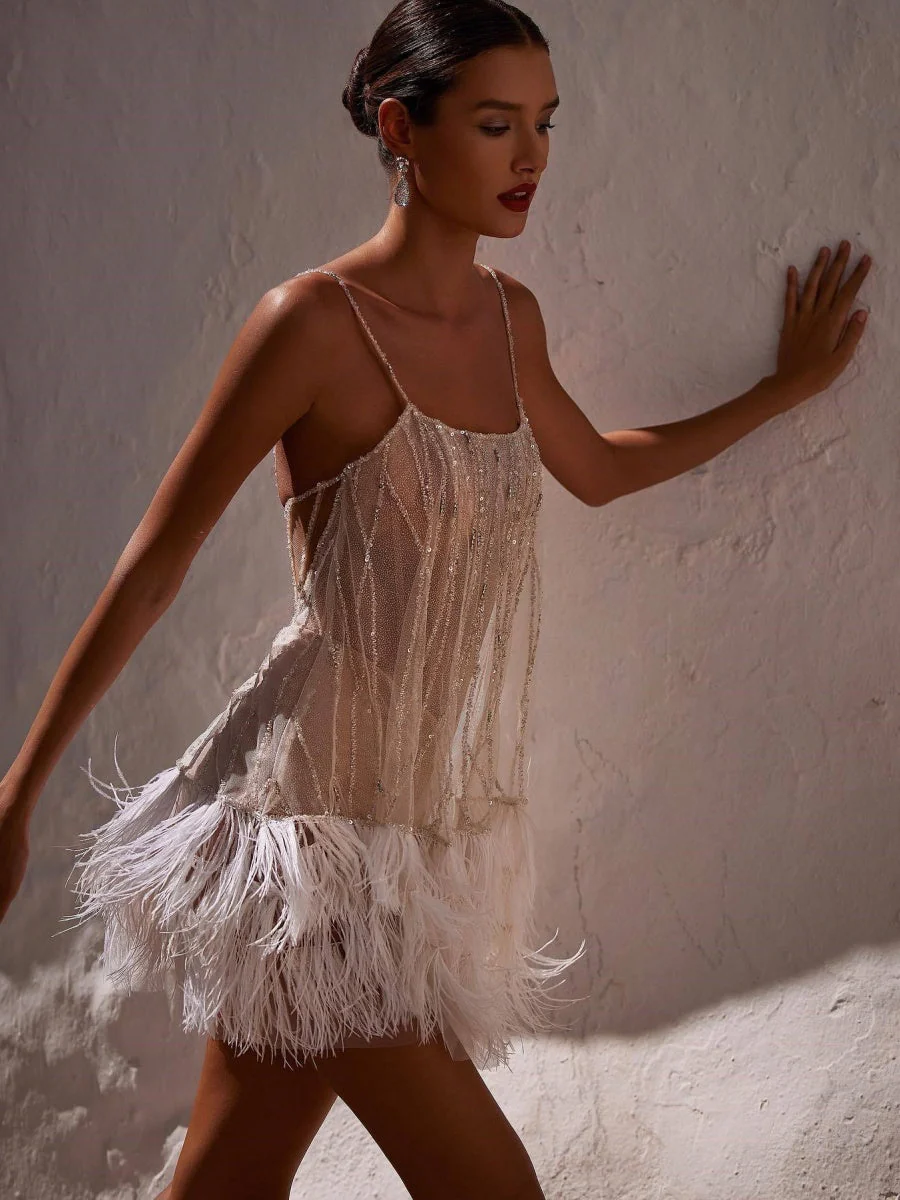 Feather Tassel Sequins Mesh Diamond Parties Mini&Short Dresses - Image 6