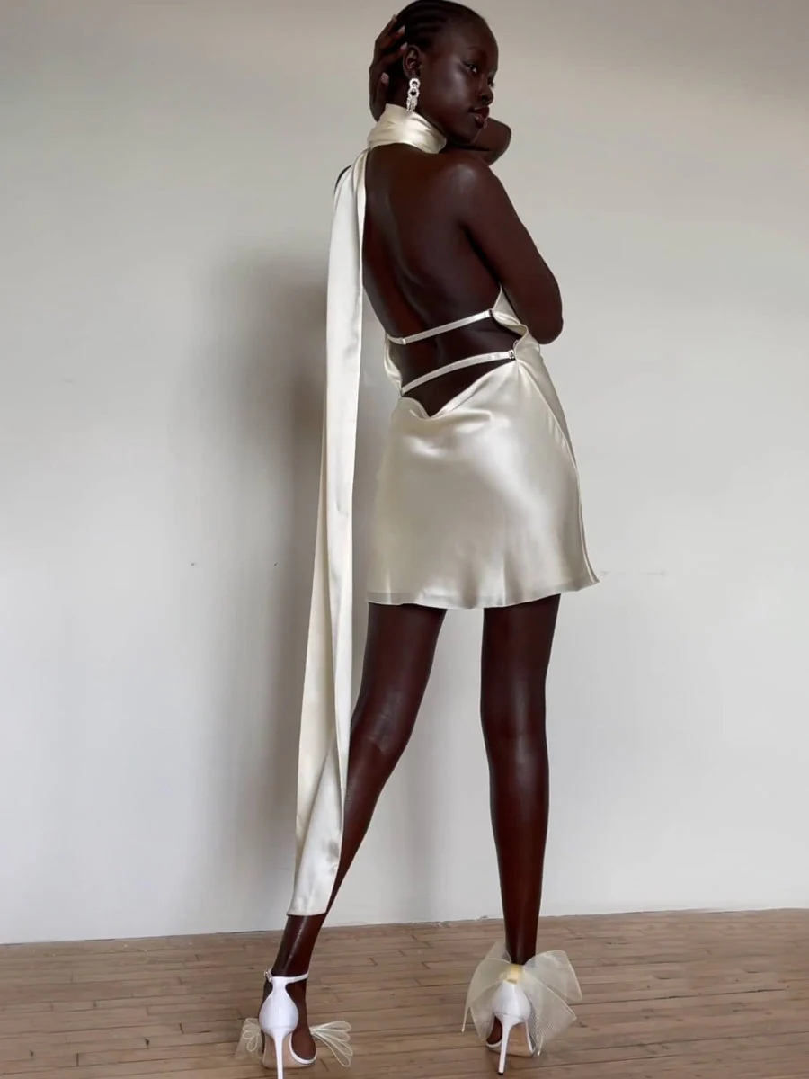 Halter Backless Satin Wedding Parties Bridesmaid Mini&Short Dresses - Image 4