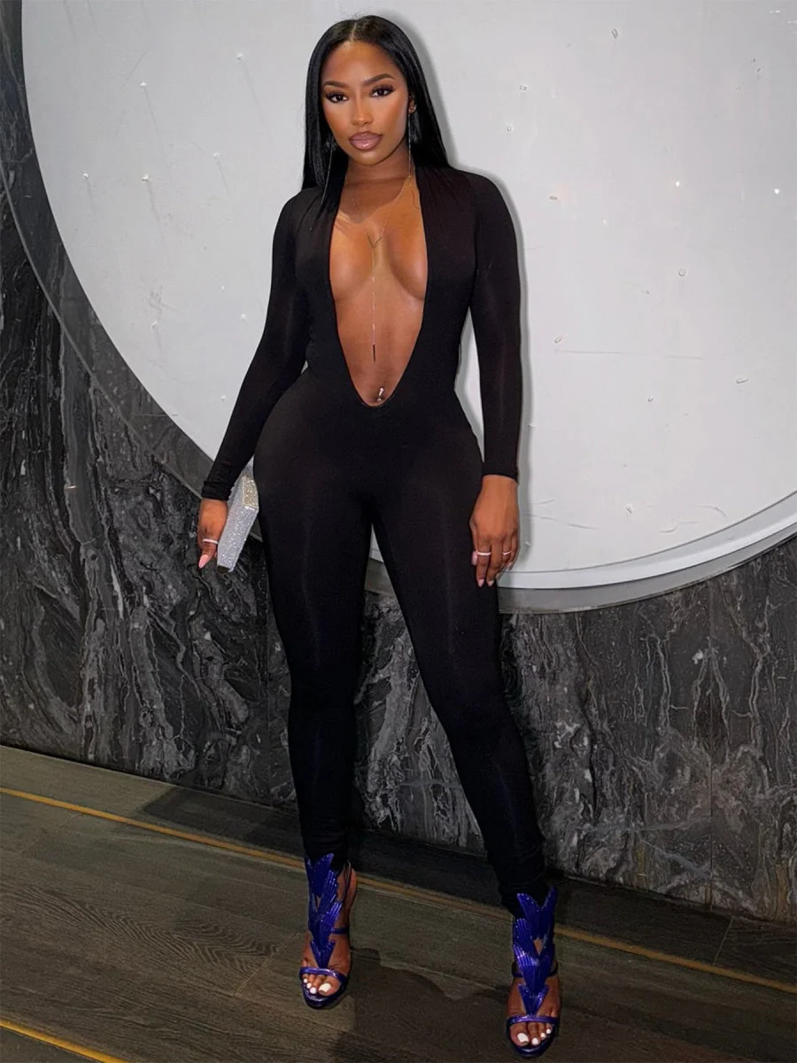 Deep V Backless Tight-fitting, Hip-lifting, Long-sleeved, Solid Color Bodysuits - Image 11