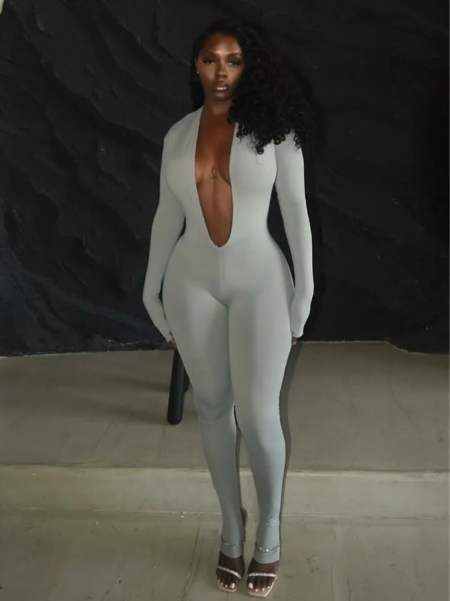 Deep V Backless Tight-fitting, Hip-lifting, Long-sleeved, Solid Color Bodysuits - Image 4