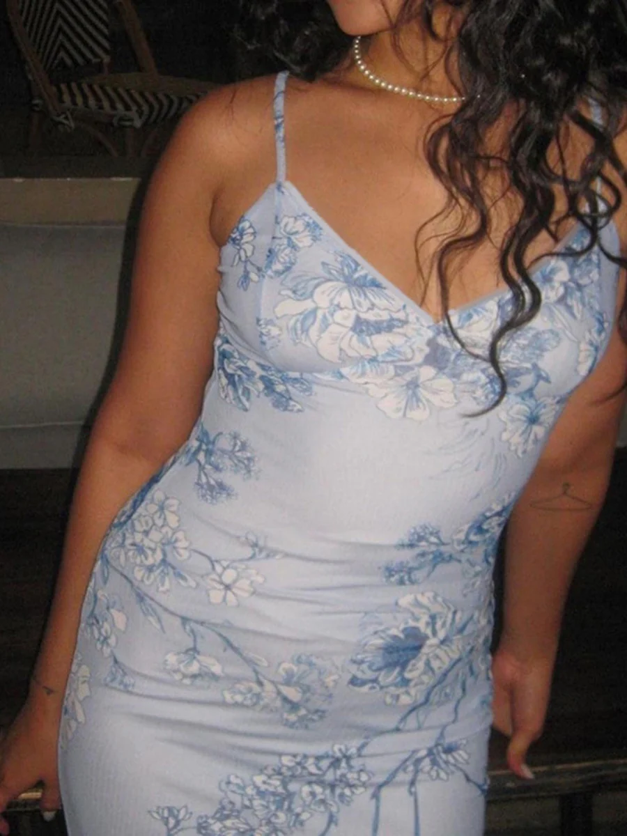 V-neck Camisoles Printed Sexy Backless Maxi Dresses - Image 3