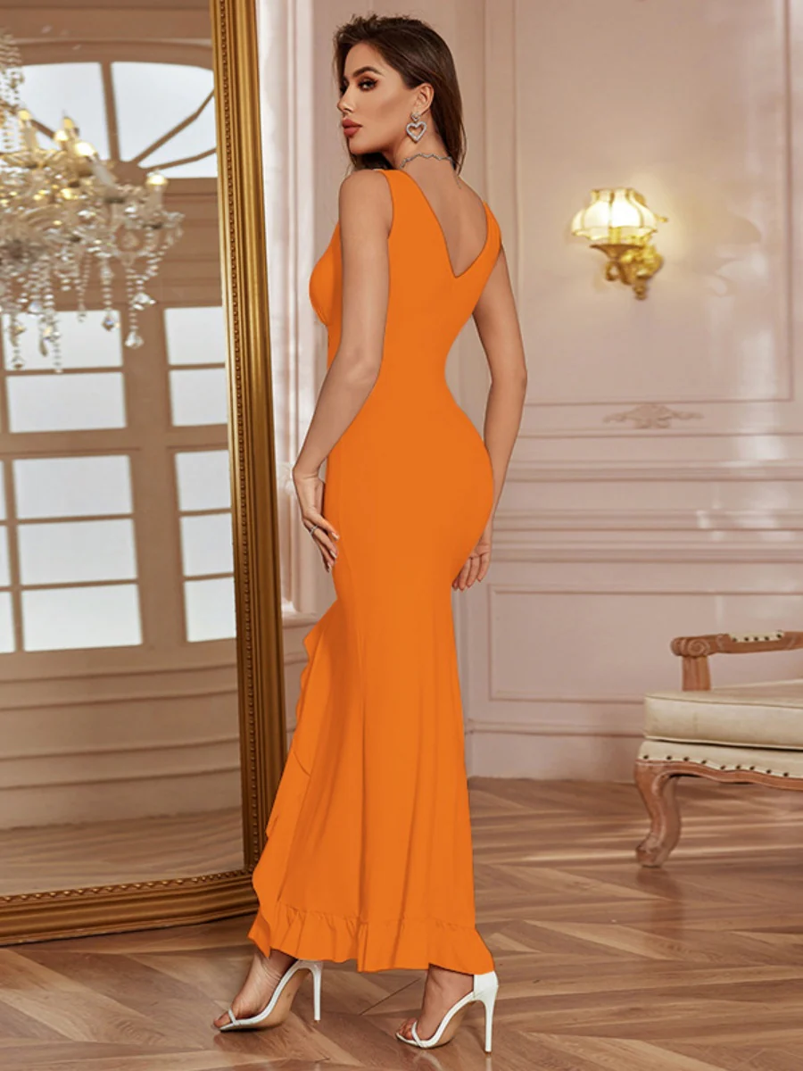 V-neck Ruffle Slit Maxi Dresses - Image 4