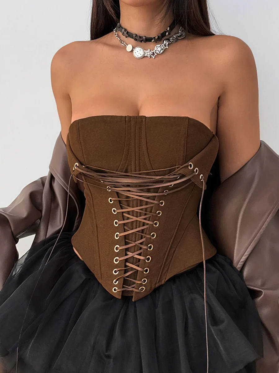 Fish Bones Threading Rope Lace Up Bra Tube Top camisoles - Image 2