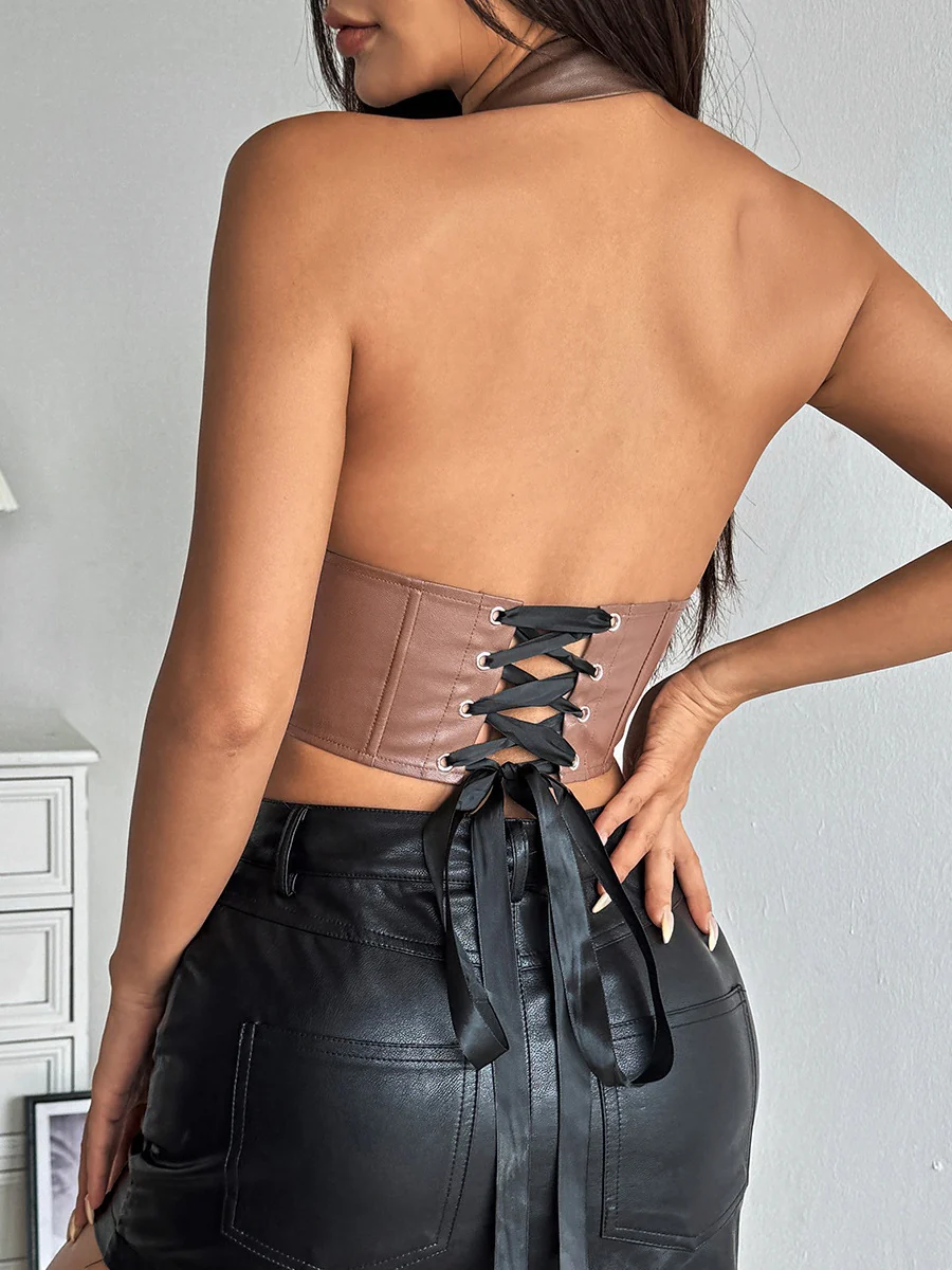 PU Leather Halter Button-down Style Waist Camisoles - Image 12